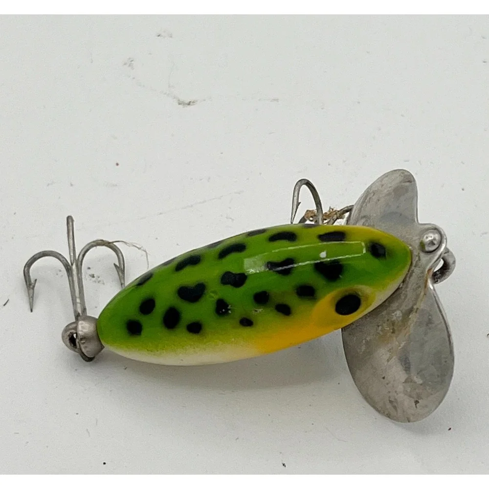 2 Vintage Fred Arbogast Jitterbug Fishing Lures Frog Pattern Topwater Bass Akron